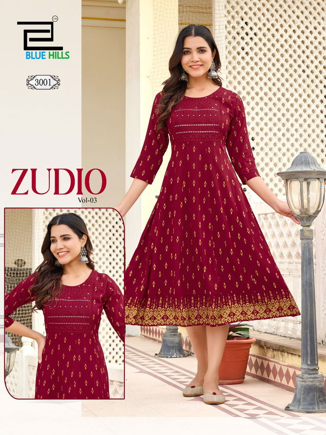 Zudio Vol 3 By Blue Hills Rayon Embroidery Anarkali Kurti Orders In India